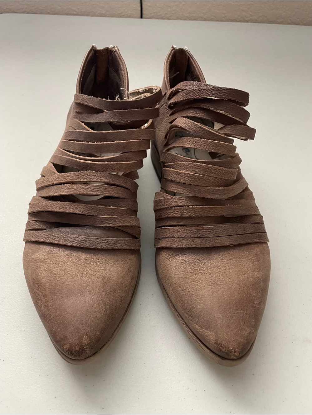 Free People Lost Valley Distressed Leather Pointy Toe Strappy Bootie Size 36 /6